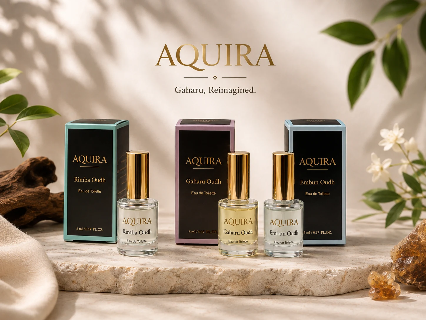 Aquira fragrance collection in a warm natural setting