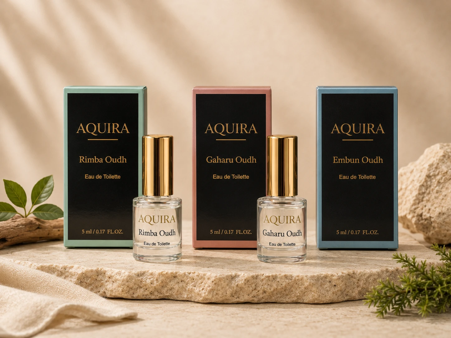Aquira Rimba Oudh, Gaharu Oudh and Embun Oudh with their boxes